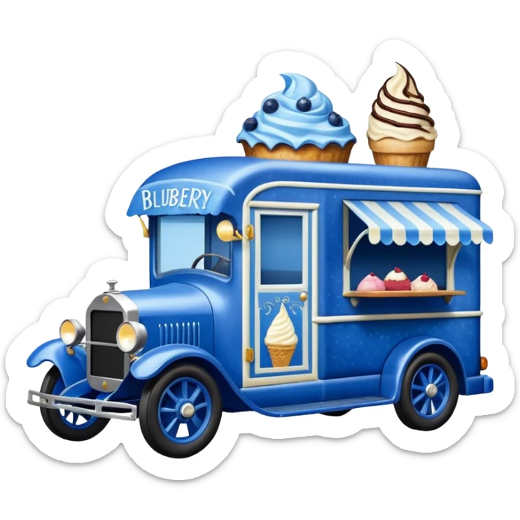 shiny-dark-blue crystal-bodied frozen blueberry muffin, pie, and ice cream, 1912 antique long-wheelbase cab over durable-looking low rider moving truck food truck  sticker