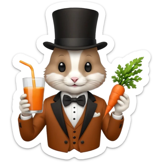 rabbit wearing suit, bowtie and top hat, holding glass of carrot juice sticker