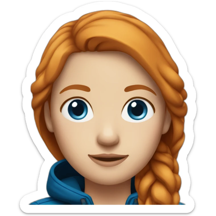 Straight, ginger hair and blue eyes woman with a Canadian jacket sticker