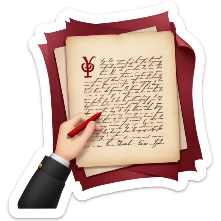 Minimalist emoji-style sticker of a pale hand signing a parchment contract titled “YOUR SOUL” in gothic font, muted red ink, grayscale background sticker
