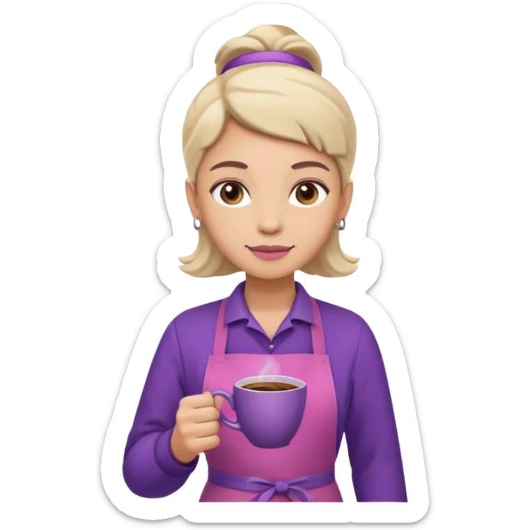 Create 3D minimalist emoji in the style of Coffee Lover — a coffee shop and roastery brand.
Style: cozy, warm.
Colors — purple-pink range.
barista with coffee sticker