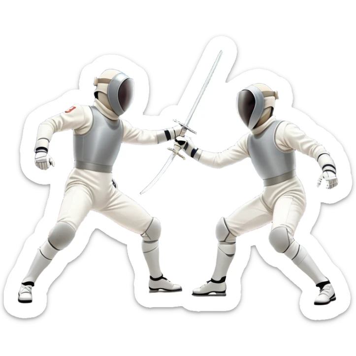 Two fencers in full protective gear and masks duel on a professional piste, swords clashing mid-air. Dynamic lunges and defensive stances highlight the intensity of the sport. The background features a stylized fencing arena with bright lights. Transparent background sticker