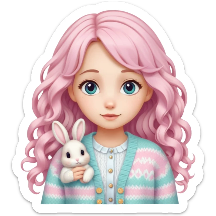  A girl with long curls, a pastel-colored hair clip, and a knitted cardigan with a bunny pattern, looking cute. sticker