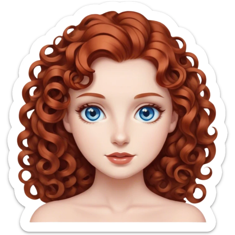 lady with Fair skin, auburn hair, elegant curls, blue eyes, soft youthful features, delicate beauty sticker