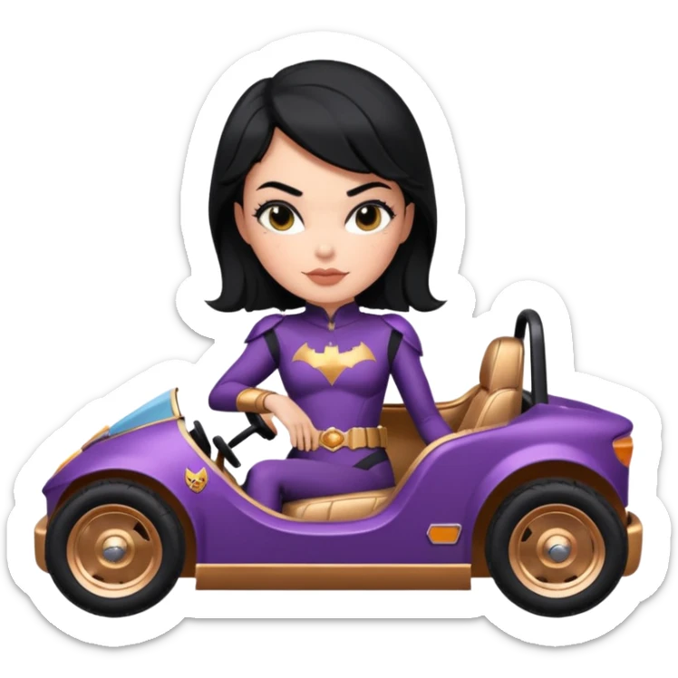 Hot full size real-appearance retro electric racing action BatGirl’s feminine midnight-colored tight outfit sixty’s tv show 1992 stealthy retro sporty safe plush petite off-road pursuit cruiser car rose gold accents (black hair,reclined and relaxed torso seating position) go kart  sticker