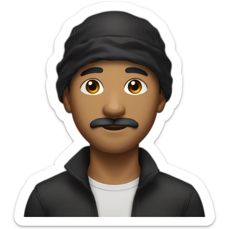 Mestised man's face with short curly haircut and a black bandana on his forehead with brown eyes and a slight mustache sticker