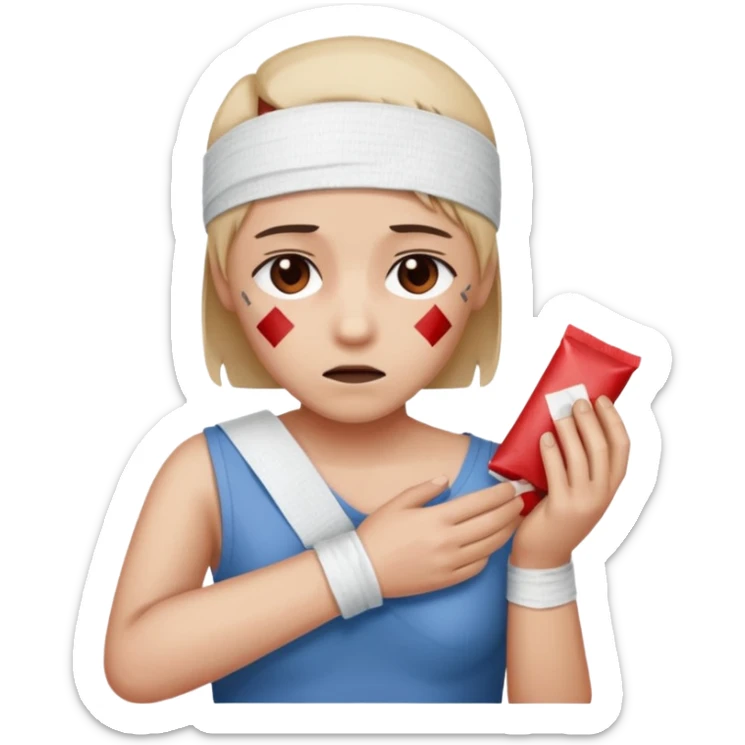 Generate a realistic emoji of a package being unpacked and the person is sad because they got hurt by the package sticker