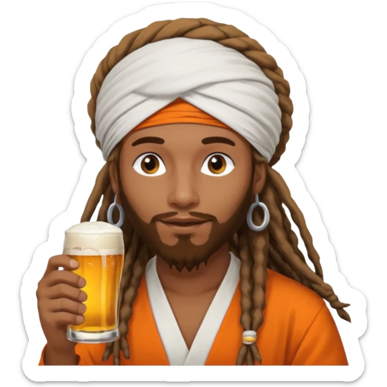 Brownskin man with long dreadlocks add a white turban on his head orange shirt drinking bear sticker
