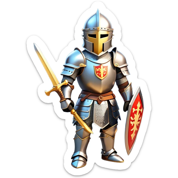 Clash of Clans aesthetic: Cinematic heroic Armored Knight Hero Emoji, rendered in a 3D vector-style similar to standard emojis with minimal shading and bold, simplified shapes. A compact, isometric warrior clad in gleaming plate armor with intricate heraldic details, softly glowing with a chivalrous medieval charm. Simplified yet unmistakably iconic, highly detailed and consistent, glowing with a soft radiant shine and high polish. Stylized with a touch of noble valor and a soft glowing outline, wearing a full face helm so that no face is visible with only eyes visible, capturing the essence of a gallant knight ready for honorable battle with a friendly, playful manner! sticker