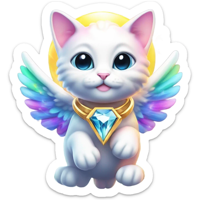 Transcendent Cute Heavenly Rainbow 4d Diamond ultra mega surpream Omni-Cat God with wings and a ring around its body and another ring above it’s head  sticker
