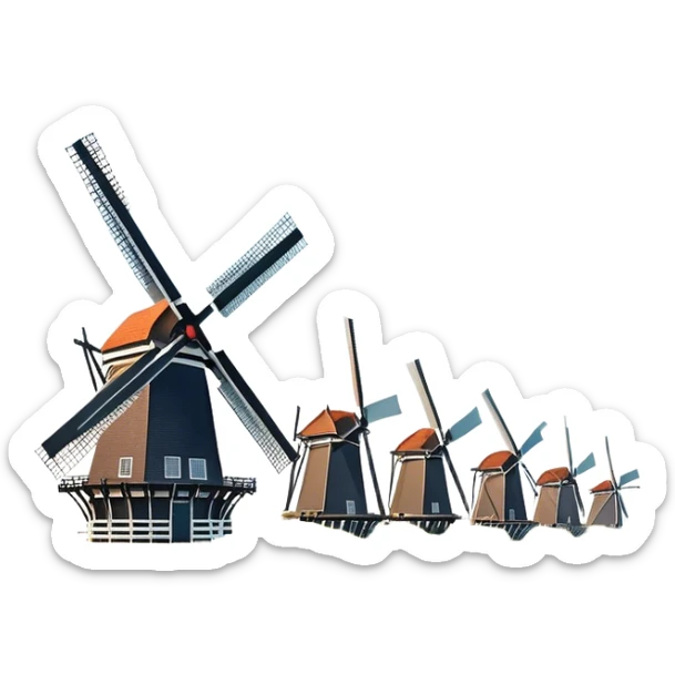 Cinematic Realistic Kinderdijk Windmills Landmark Emoji, depicted as a row of classic Dutch windmills set against a serene sky rendered with detailed textures and soft natural lighting. sticker
