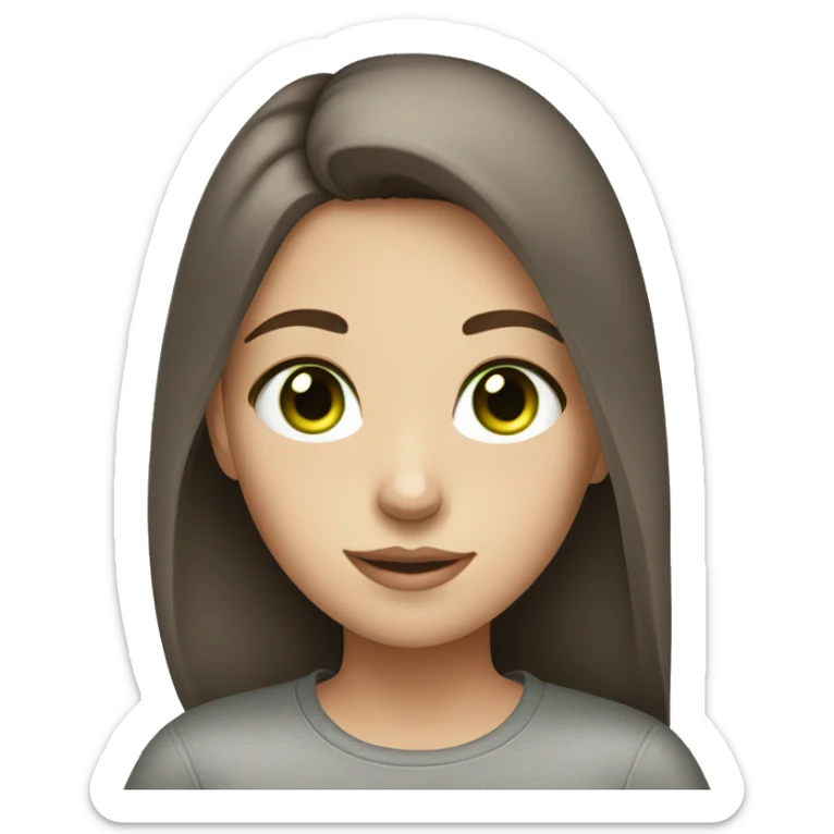 A girl with brown hair grey shirt green eyes with freckles and very pretty sticker