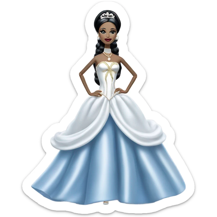Tall realistic face teen Morticia Addams in as Princess Leia Barbie in ruffled pearl-white and blue ballet ball gown with gold accents and accessories  sticker