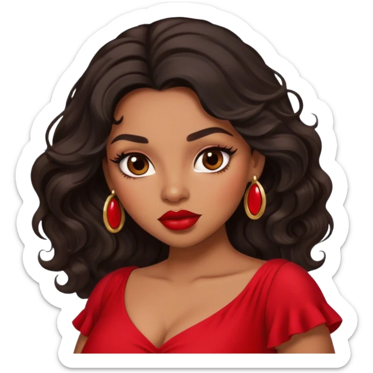 light brown skin tone, very beautiful woman, with big plump lips, long long lashes, black long wavy hair, brown eyes, red dress sticker