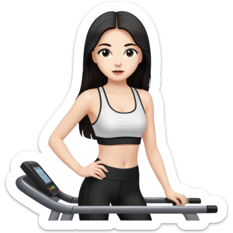 Девушка белокожая на беговой дорожке, с длинными темными волосами, в одежде для йоги - черные лосины, белый короткий топ на тонких лямках, с черными ресницами sticker