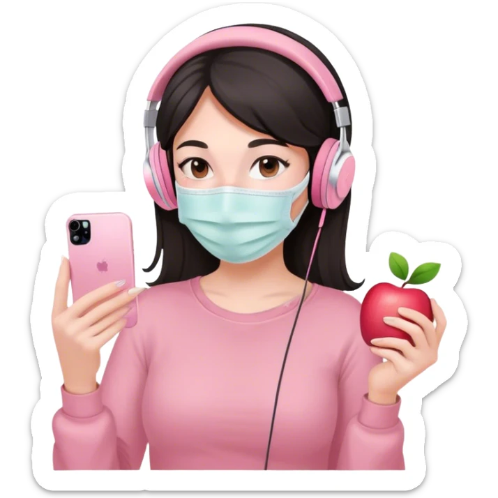chica super aesthetic con piel blanca pelo morebo con una mascarilla en la cara relajada y unos cascos como lo de apple y un iphone de color rosa pastel sticker