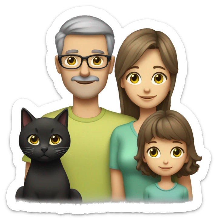 family: mum (has bronde medium-length hair, tan skin, green eyes), dad (has light brown hair, glasses, grey eyes, fair skin), adult daughter (has hazel eyes, very pale skin, brown/black long hair with full bangs) + 2 black cats with yellow eyes sticker