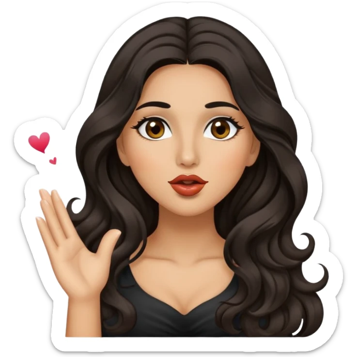 woman with olive skin, brown eyes and long lashes, and long black wavy hair blowing a kiss sticker