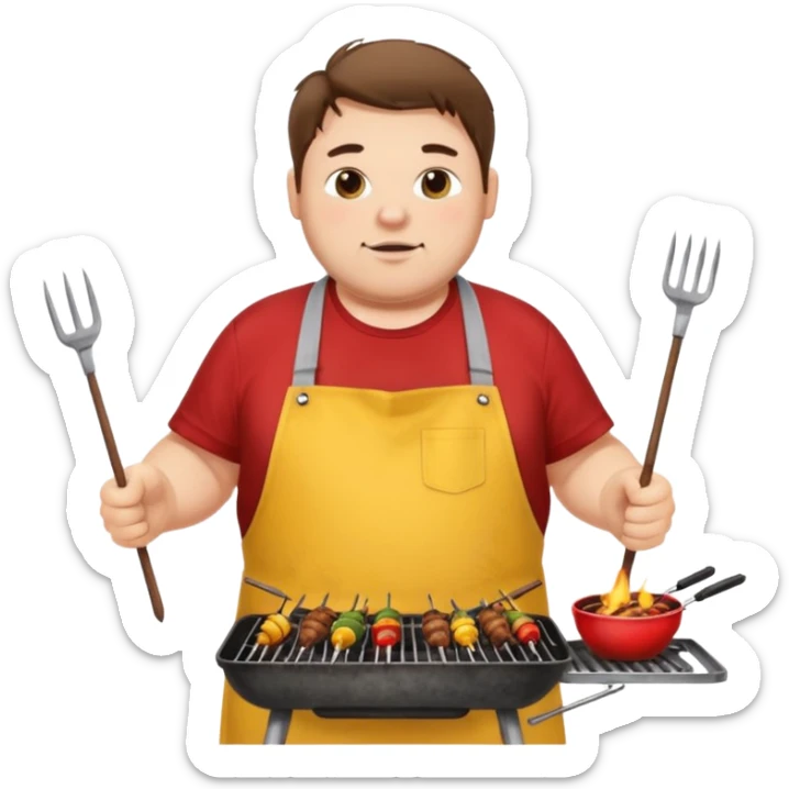 chubby man white messy hair and dirty yellow shirt and a red apron grilling bbq and skewers on a sizzling grill sticker