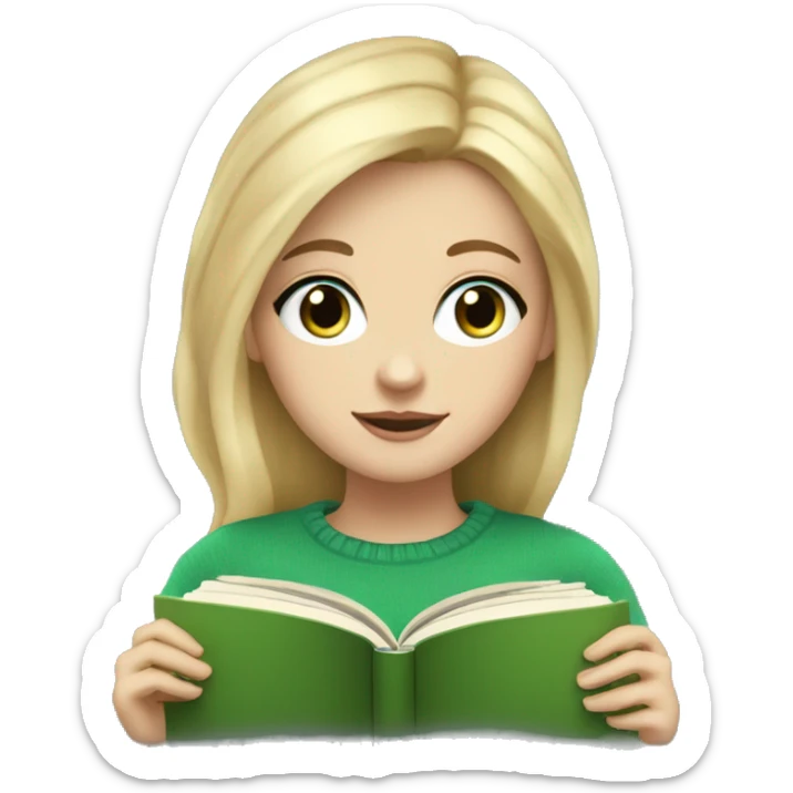 Pretty blue eyed white girl with blonde hair and a green sweater reading a book sticker