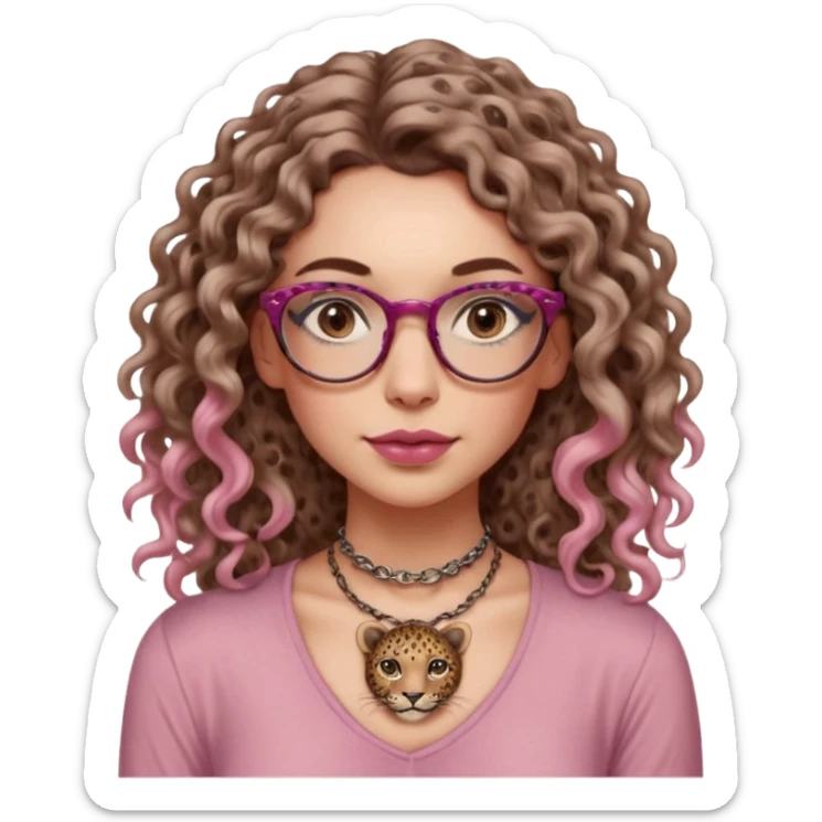 a gray eyed woman with light brunette long curly hair, full lips, pink soft blush and pale skin with leopard printed thin round-ish glasses wearing a silky brown top, a neck tatto that is in the middle of the neck so tiny saying before sunrise in a dactilo font. sticker