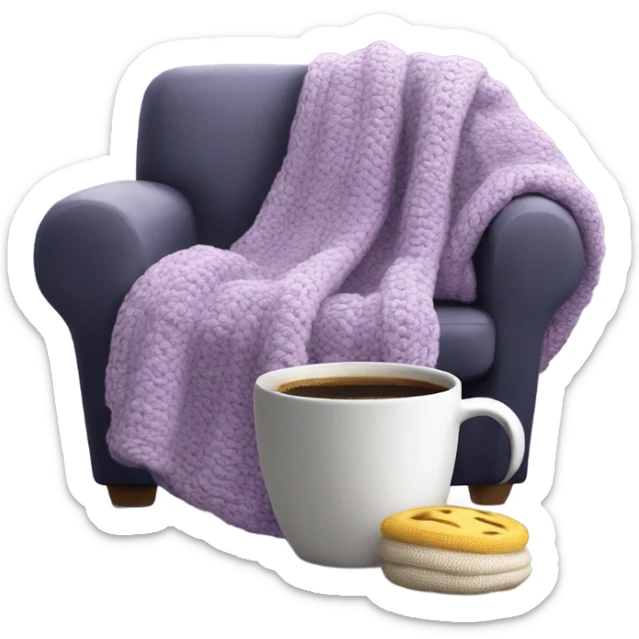 Design an inviting emoji of a chunky knit blanket folded on a comfy chair, with a cup of coffee nearby, evoking a cozy home setting.light purple sticker