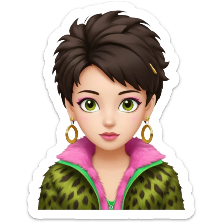 generate a pretty fair bratz girl with dark brown eyes. Dark brown hair tied up in a funky hairstyle. Wearing a green fur jacket, with pink top underneath. Golden earrings sticker