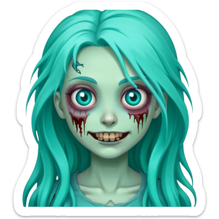 zombie girl with long turquoise hair, one eye missing, creepy smile, cute undead character sticker