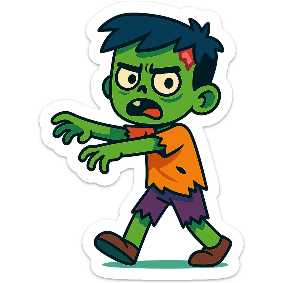 zombie boy, cartoonish, green skin, tattered clothes, expressive, spooky, vibrant toon style sticker