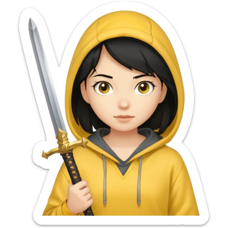 black haired girl holding sword and wearing yellow hoodie sticker