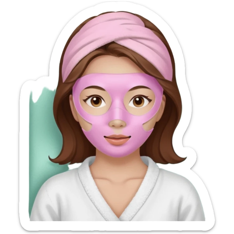Brown hair white asian Lady with pastel pink face mask spa beauty full face relaxing  sticker