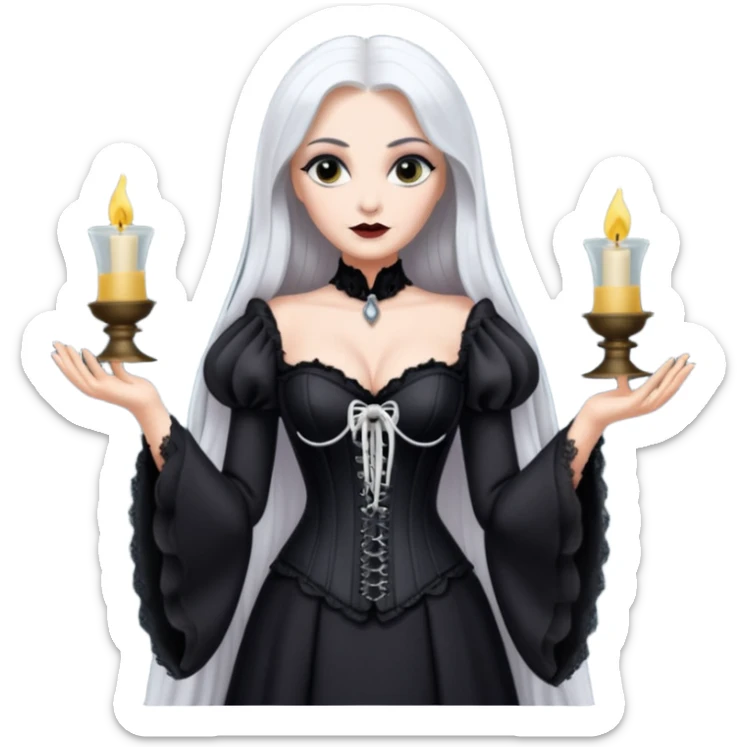 Morticia Addams with white hair and long bell sleeve corset dress sticker