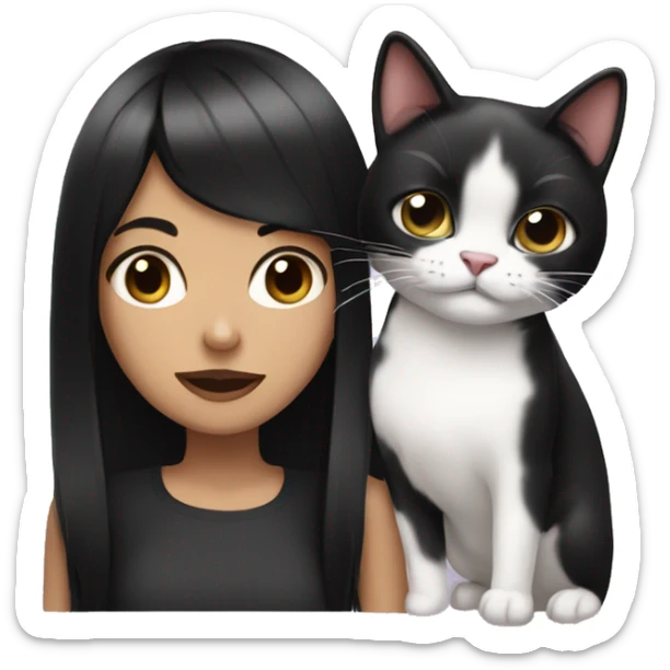 girl with straight black hair holding black and white cat with tongue out sticker