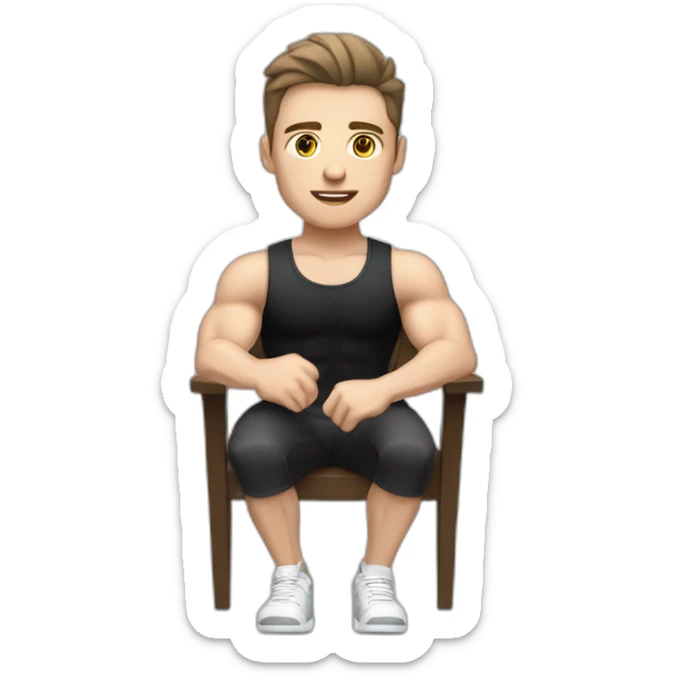 Pale skinned Fit Man With the biceps and dark brown hair in black shirt, gray sports shorts and white Sneakers Sitting on a chair sticker