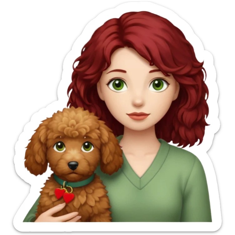 Girl with dark red hair green eyes holding a beige goldendoodle sticker