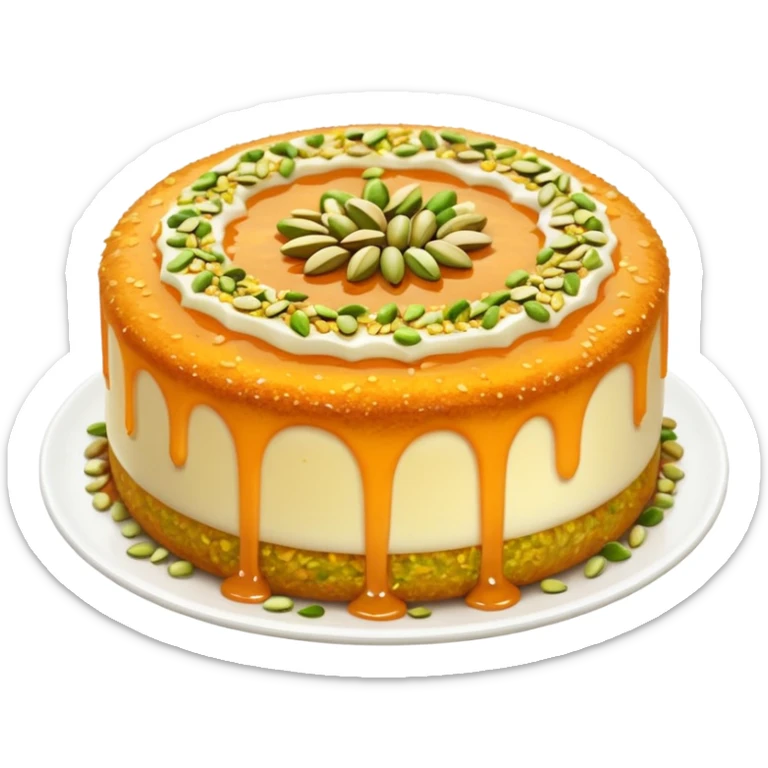A small round emoji of traditional kanafeh with golden-orange crispy threads, a gooey white cheese center, and a light sprinkle of green pistachios. Warm and delicious-looking. sticker