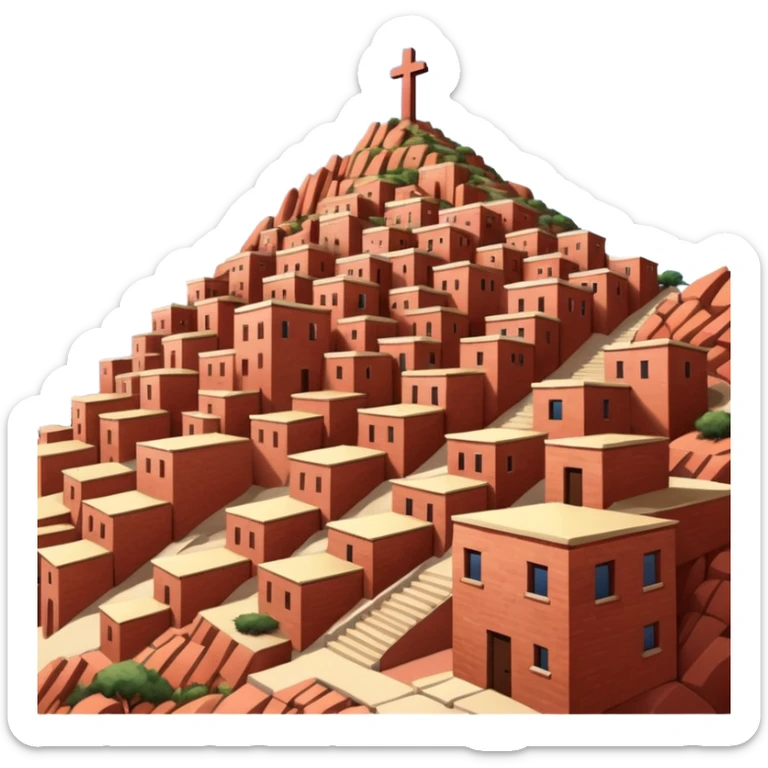 Urban Peruvian hillside neighborhood, brick houses stacked on steep hills of the desert, unfinished red brick buildings,, narrow stairways, electric cables crossing the sky, sunset lighting, realistic style, cinematic, high detail in the desert, cross monument at the top sticker