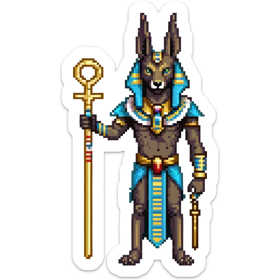 Egyptian god Anubis with black jackal head, gold collar, Egyptian headdress, holding ankh symbol sticker