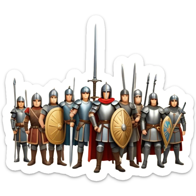 Icon for Historical Movies: A vintage movie poster-style design with elements of ancient architecture, historical figures in period costumes, and a backdrop of a historical event or battle. Include scrolls, swords, and shields. Retro cinematic feel. Transparent background. sticker