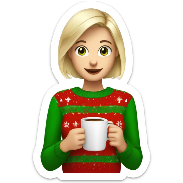 Short haired blonde girl with green eyes drinking coffee wearing Christmas sweater sticker