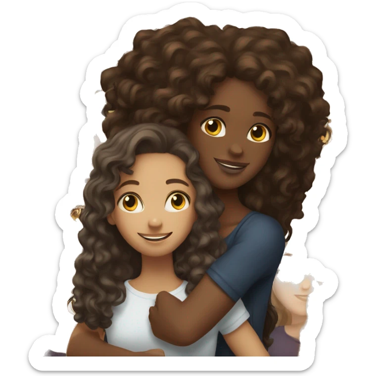 black girl with long curly hair hugging white girl with long brown hair sticker