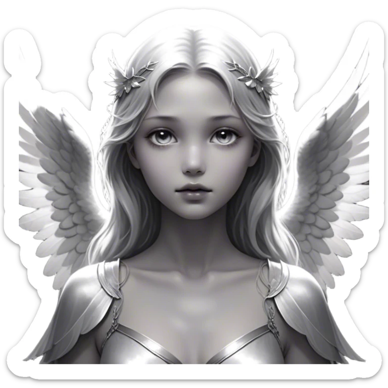 Cinematic Angel, Ultra realistic 32k HD, Breathtaking piece of art, rim lighting, hauntingly beautiful art, mostly greyscale, Balanced features, highly detailed digital artwork, glowing with silver light, glowing, high shine, deviant adoptable, highly detailed clothing, remembrance, a painting of white silver, fanciful, enchanting, ghostly, embodying the essence of both reality and fantasy, dreamy, dreamy glow, optical illusion, immaculate composition, complex pose, air composition. The image is so lifelike that it feels as though it could leap off the canvas at any moment sticker