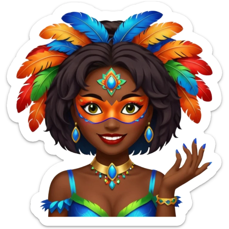 i need the same girl in "dark skin girl, dark red lipstick, nails very beautiful" to be smiling in "carnival mas costume, blue, green and orange preferably, full costume feathers at the back" she is to be smiling, hair should be dark and in a bob  sticker