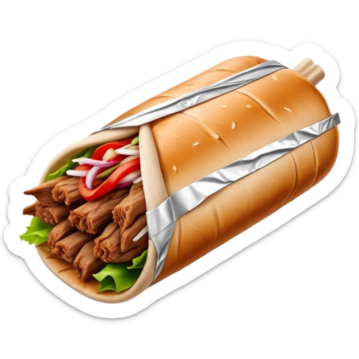Doner Kebab Cinematic Realistic Doner Kebab Dish Emoji, depicted as iconic, spiced meat wrapped in foil and paper, rendered with lifelike textures and dynamic, appetizing lighting. sticker