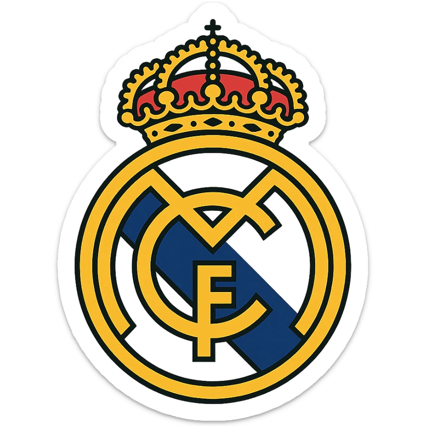 Real Madrid soccer badge, flat color style, white and gold, no text sticker