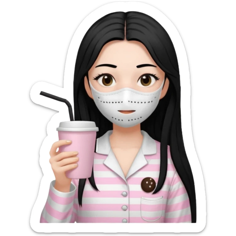 chica de pelo lacio color negro cabellera larga piyama blanca con rayas rosa claras peo no tan claras no oscuras el bordado es negro al igual que los botones )tiene una mascarilla para la carablanca y sostiene y cafe con bolitas nedras al dondo con unsorbete tranparente y es de test blanca  sticker