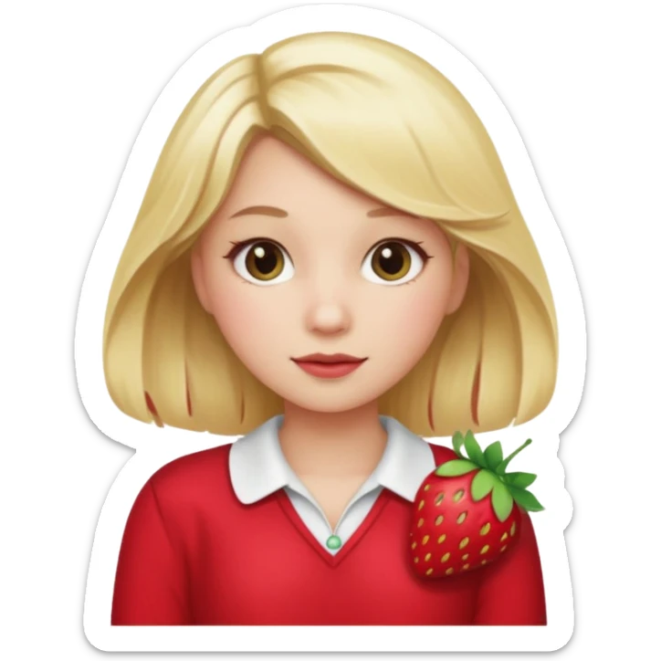 A girl with a blonde hair wearing a strawberry clip and wearing a cute red outfit sticker