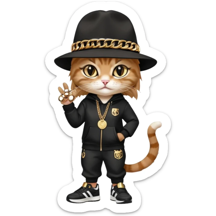 female cat dressed like Run DMC with tracksuit, fedora, Adidas shoes, lots of gold chains, rings, bracelets, earrings, eyes averted, talking to a friend, no sunglasses sticker