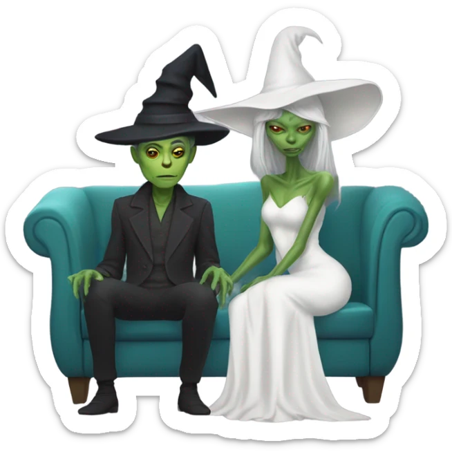 alien reptilian woman as witch, human man in white dress, sitting on a couch  sticker