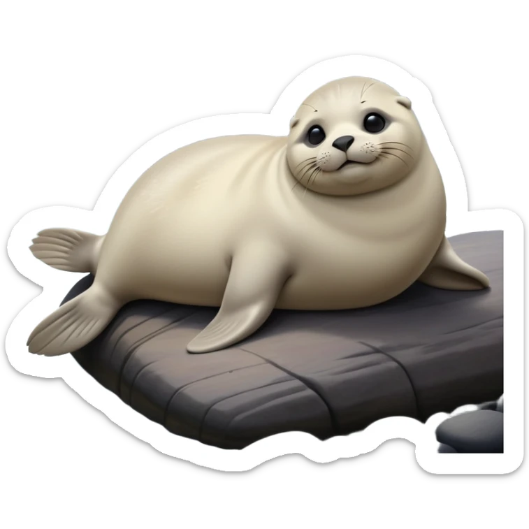 cinematic-seal-realistic-full-body-lounging-emoji,-plump-sleek-body-stretched-out-on-a-rocky-shoreline,-short-smooth-fur-glinting-in-the-sea-breeze,-flippers-tucked-comfortably-beneath-its-body,-large-dark-eyes-filled-with-playful-curiosity,-whiskered-muzzle-lifted-slightly-as-if-smiling,-simplified-yet-realistic-focused-features,-highly-detailed,-glowing-with-a-refreshing-marine-radiance sticker